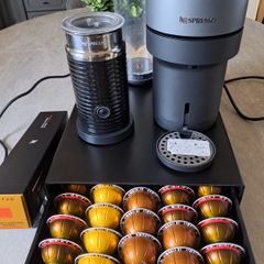 Nespresso Vertuo Pop Machine, Aeroccino, Pod container and Pods
