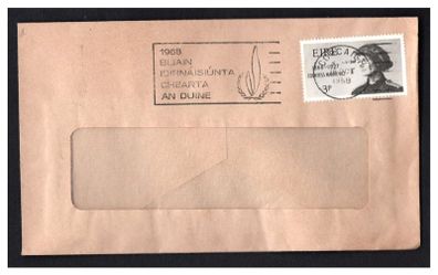 1968 Ireland 16th October 1968 Countess Markievicz 3d stamps tied with clear 1968 Blian Idirnaisianta Chearta an duine (International Year of Human Rights) slogan