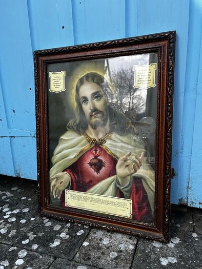 Antique Sacred Heart of Jesus Chromolithograph Framed c.1930s