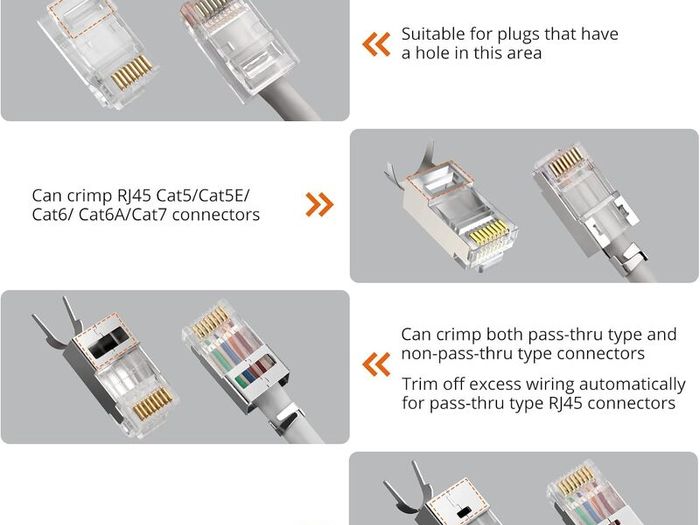 RJ45 Crimp Tool - 3 in 1 Pass Through Ethernet Crimping Tool Kit with 20PCS CAT7 Gold-Plated Copper Shielded Connectors & 20PCS Protection Covers for 8P CAT5 Cat6 CAT7 & 6P RJ11 RJ12