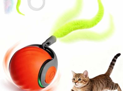Speedy Tail Cat Toys for Indoor Cats,Smart Interactive Kitten Toy with Feather Tail, 2 Speeds Rechargeable Moving Cat Ball for Bored Indoor Cats, Motion Activated Kitten Rolling Ball Toys