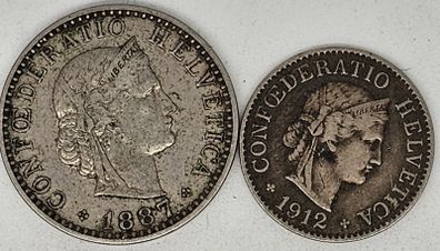 Swiss Switzerland 1887 20 Rappen and 1912 5 Rappen
