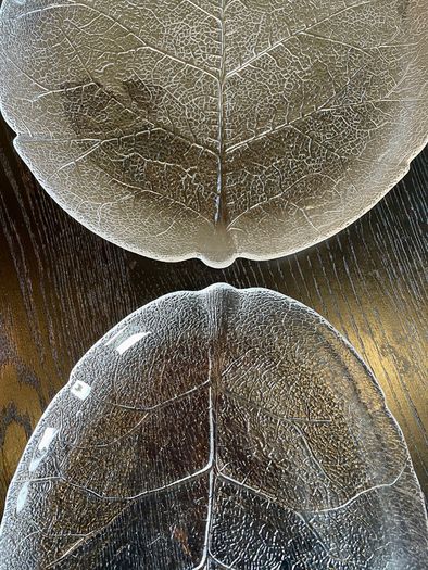 Pair of vintage Arcoroc Aspen Leaf Glass Platters / Plates, Mid century French Dishes