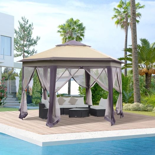 Gazebo Hexagon Patio Gazebo Pop Up Gazebo Outdoor Double Roof Instant Shelter with Netting 4.05mx4.05m