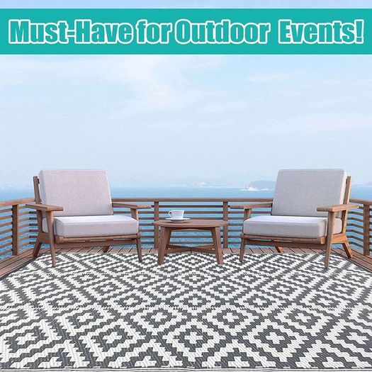 Outdoor Rug, 180 x 120cm Waterproof Picnic Blanket Black Reversible Floor Mat Recycled UV Resistant Rugs Camping Woven Plastic Straw Mats Indoor Rug for Garden RV Patio Deck Balcony BBQ Beach