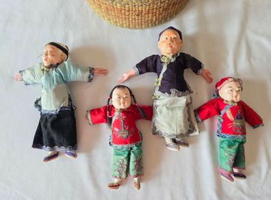 FIGURINE - RARE 1920s Door of Hope Mission Dolls Shanghai - SET OF 4 - 10 inch / 25cm - Pear Wood - Family Set
