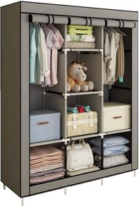 NEW SALE | Canvas Wardrobe Cupboard Clothes Storage Organiser With 2 Hanging Rail and 6 Shelves,Grey