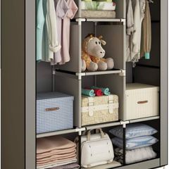 NEW SALE | Canvas Wardrobe Cupboard Clothes Storage Organiser With 2 Hanging Rail and 6 Shelves,Grey