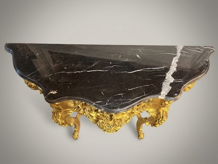 Carved Gilt Wood Console Table with Shaped Marble Top