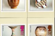 1987 England Studio Pottery PHQ Postcards. Card show enlargement of stamps of Pot by Bernard Leach, Pot by Elizabeth Fritsch, Pot by Lucie Rie &amp; Pot by Hans Coper