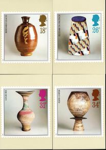 1987 England Studio Pottery PHQ Postcards. Card show enlargement of stamps of Pot by Bernard Leach, Pot by Elizabeth Fritsch, Pot by Lucie Rie & Pot by Hans Coper