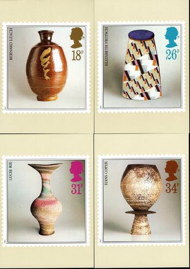 1987 England Studio Pottery PHQ Postcards. Card show enlargement of stamps of Pot by Bernard Leach, Pot by Elizabeth Fritsch, Pot by Lucie Rie & Pot by Hans Coper