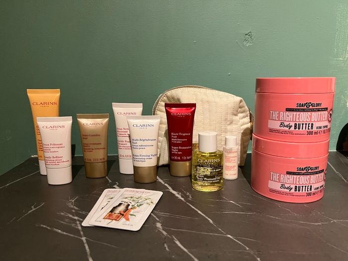 Bundle of Clarins Products with bag + 2 Soap and Glory Body Butter Tubs - Brand New