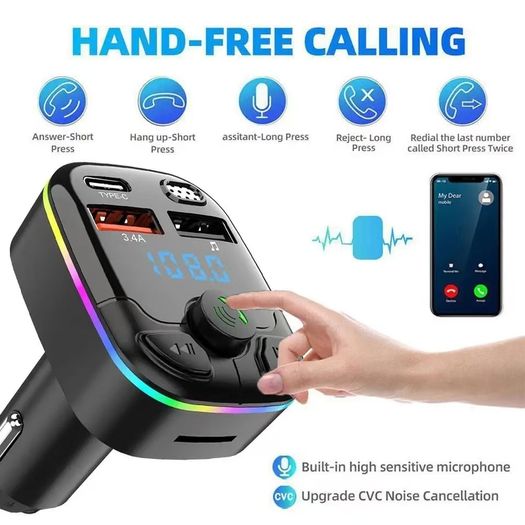 Bluetooth 5.0 FM Transmitter Car Charger PD Type-C Dual USB MP3 Player Handsfree