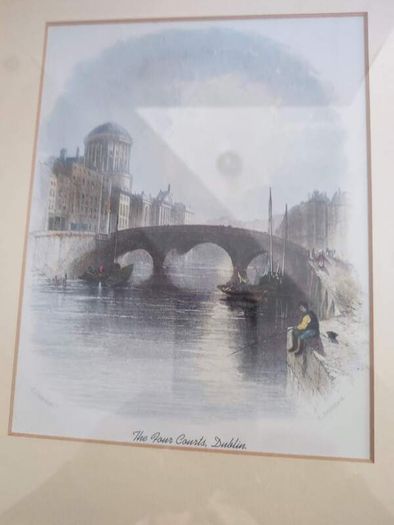 Framed Coloured 1840 The Four Courts, Dublin Original Antique Engraving - Ireland - Mounted and Matted .
