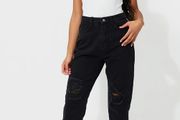 BNWT PrettyLittleThing Washed Black Distressed Hem Knee Rip Slim Mom Jeans size UK16 EU44 Postage included