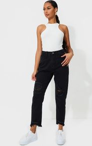 BNWT PrettyLittleThing Washed Black Distressed Hem Knee Rip Slim Mom Jeans size UK16 EU44 Postage included