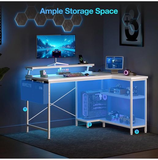L Shaped Gaming Desk with LED Lights, 100 x 70 cm Computer Desk with Power Outlet