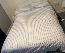 double size bed and bed frame and barely used mattress and mattress protector and bag of bedding and 2 pillow Also have a fridge excelent condition 50 euro will send pictures if requested 100 for both