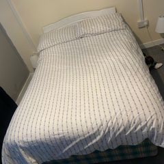 double size bed and bed frame and barely used mattress and mattress protector and bag of bedding and 2 pillow Also have a fridge excelent condition 50 euro will send pictures if requested 100 for both