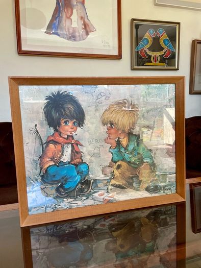 Vintage Teak Framed Certified Art print behind Glass Big Eye Art The Dropouts by Michael Thomas 1969