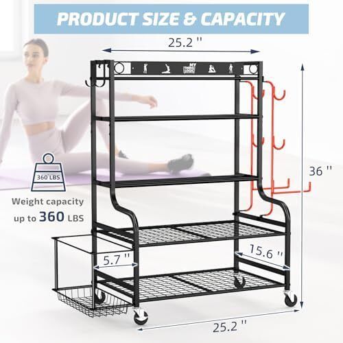 Home Gym Storage Rack for Dumbbells Kettlebells Foam Roller, Yoga Strap and Resistance Bands, Workout Equipment Storage Organizer With Hooks and Wheels