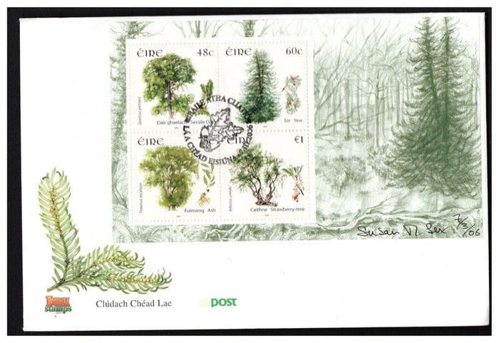 2006 Ireland Fauna & Flora (Native Trees) Miniature Sheet An Post First Day Cover (FDC)) signed by Susan Sex (stamp designer) on first day of issue.