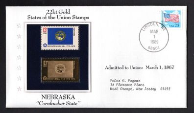 1988 USA Nebraska "Cornhusker State" 22kt Gold Replica of the 1976 United States Flag Stamps showing 25c US flag definitive tied Lincoln, Nebraska (state capital) illustrated cover