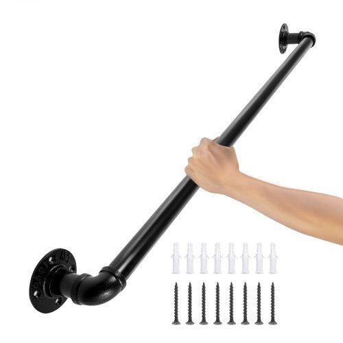 Pipe Stair Handrail, 3FT Staircase Handrail, 440LBS Load Capacity Carbon Steel Pipe Handrail, Industrial Pipe Handrail with Wall Mount Support, Round Corner Wall Handrailings for Indoor, Outdoor (FREE SHIPPING)