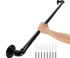 Pipe Stair Handrail, 3FT Staircase Handrail, 440LBS Load Capacity Carbon Steel Pipe Handrail, Industrial Pipe Handrail with Wall Mount Support, Round Corner Wall Handrailings for Indoor, Outdoor (FREE SHIPPING)