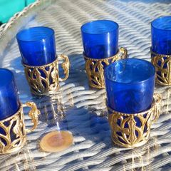 5 blue glass with gold tone holder, aquatic, D18 post 10e