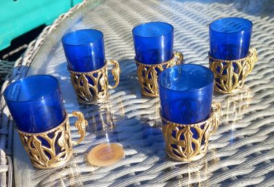 5 blue glass with gold tone holder, aquatic, D18 post 10e