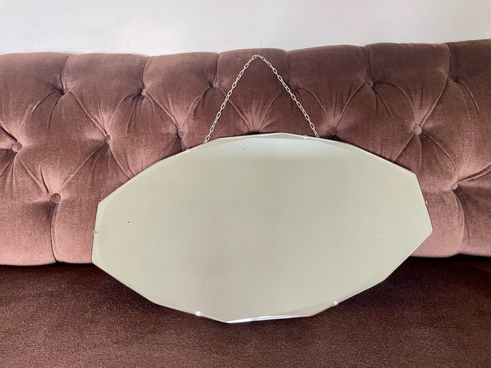 Petite Oval Bevelled Early 20th Century Frameless Mirror with Original Chain