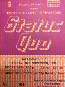 Original Authentic Status Quo Concert Ticket "Rocking All Over The Years Tour" CITY HALL CORK, IRELAND 1990