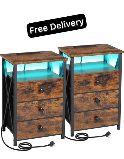 Bedside Table Set of 2 with Charging Station