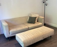 Beige sofa, 2 large chairs & large footstool