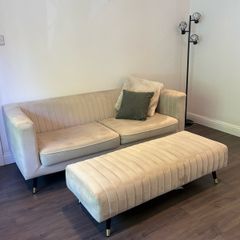 Beige sofa, 2 large chairs & large footstool
