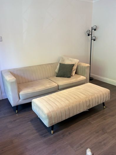 Beige sofa, 2 large chairs & large footstool