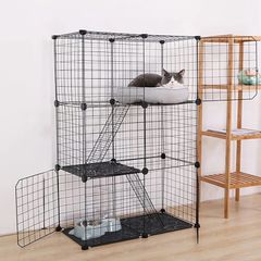 3 Tier Pet Playpen DIY Small Animal Cage Guinea Pig Rabbits Hamster Bunny Puppy Cat Metal Exercise Fence Enclosure Run Cage Metal with 3 Doors 2 Ladders 24 Panels Black 109 x 75 x 39 cm