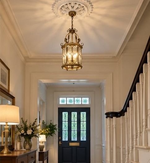 Large Ornate Brass & Glass Hall Pendant Light 70cm