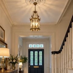 Large Ornate Brass & Glass Hall Pendant Light 70cm