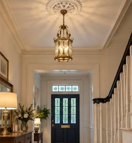 Large Ornate Brass & Glass Hall Pendant Light 70cm