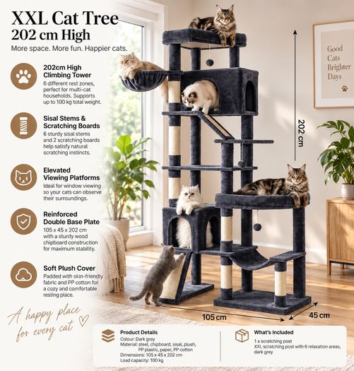XXL Cat Tree 202cm  Large Multi-Level Cat Climbing Tower with Scratching Posts