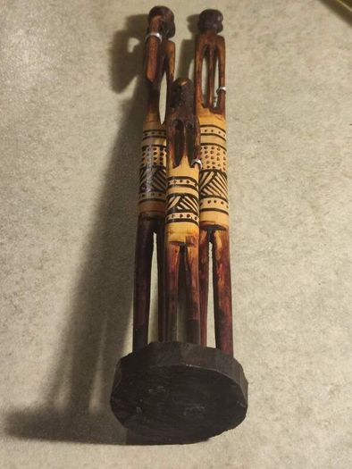 3 Vintage Hand Carved African Pencil Thin Tall Hand Painted Figures 12.5"
