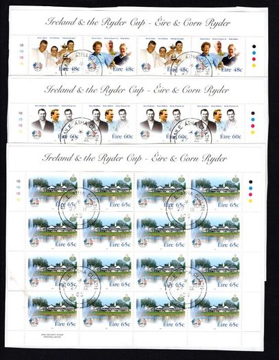 2005 Ireland Ryder Cup Commemorative Stamp Sheetlet Plate 1B1B1B1B Fine CDS Used with Dublin cancel of 27th September 2005 (First day of issue) on envelope extract.