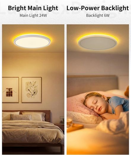 LED Ceiling Light Dimmable with Remote 24W Ceiling Lamp Flat with 2000K Backlight, Warm Night Light and Timer, Modern Round 12" Ultra Thin Light Fittings for Living Room Bedroom Kitchen