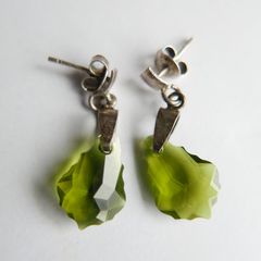 Vintage Sterling Silver 925 Dark Green Crystal Earrings, Olive Swarovski Earrings 2,9g