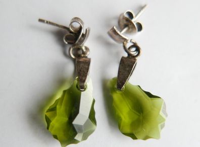 Vintage Sterling Silver 925 Dark Green Crystal Earrings, Olive Swarovski Earrings 2,9g