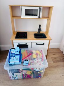 IKEA Duktig Play Kitchen + Huge Box of Wooden Food & Accessories