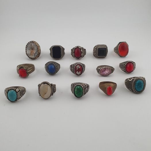 Antique Rings Lot 15 Mixed Brass, Stone & Glass Rings